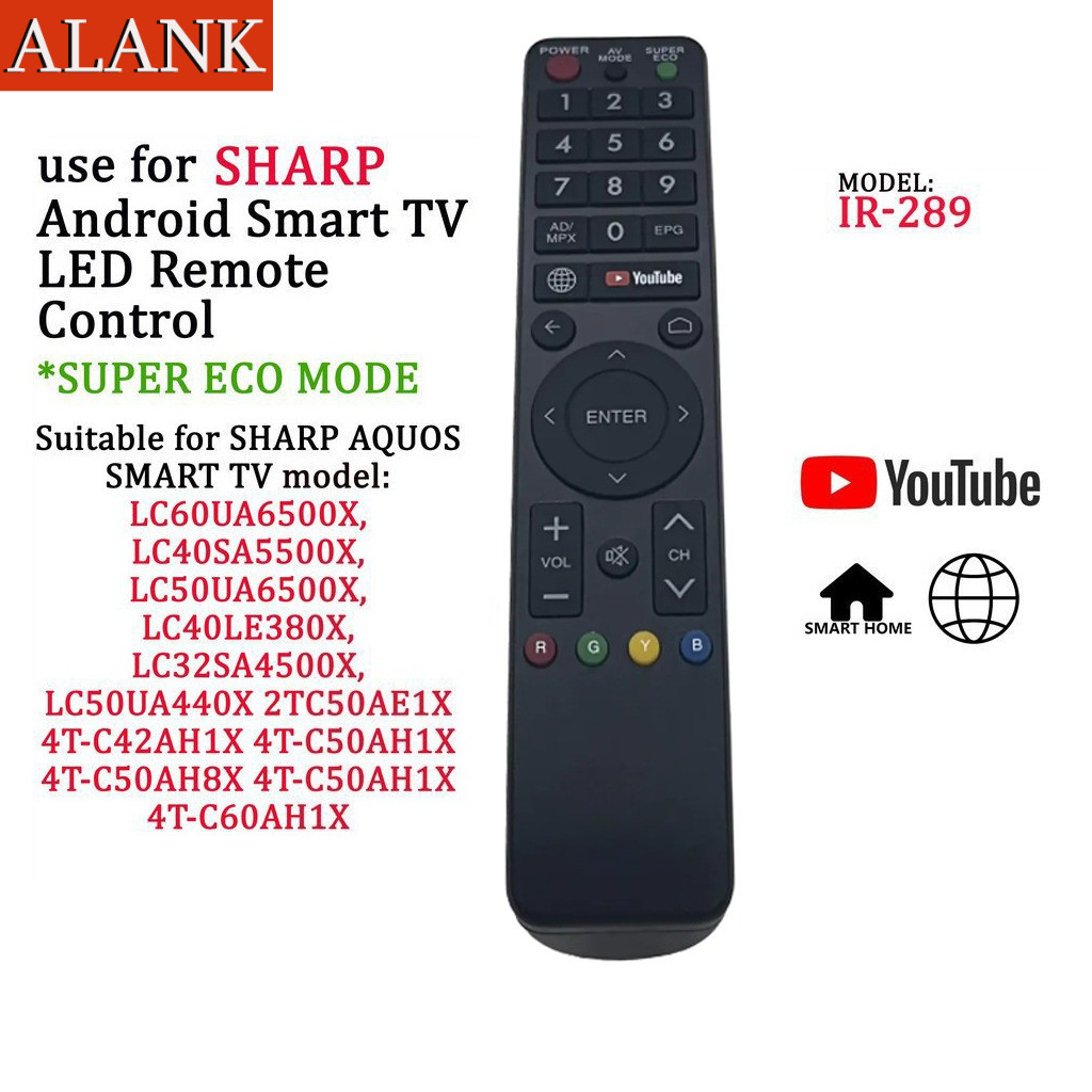 ALANK Remote รีโมททีวี SHARP LED Smart Android TV รีโมท IR-289 GB234WJSA GB275WJSA GB289WJSA
