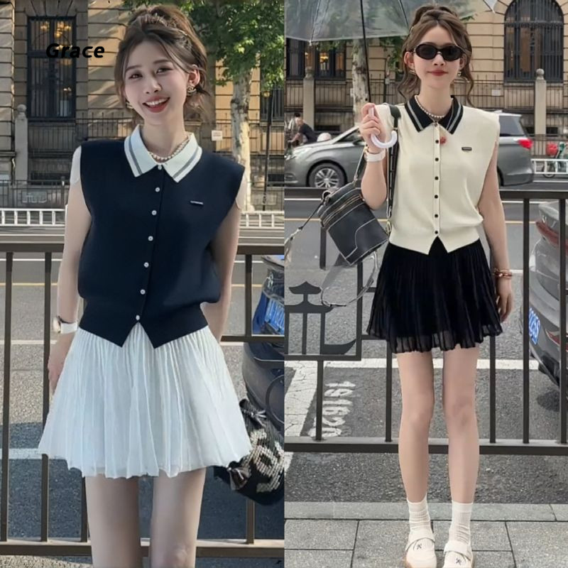 [Grace] เสื้อสเวตเตอร์แขนกุดแบบบาง ดีไซน์พรีปี้สมัยใหม่ สีตัดกัน คอพอยโล GR3322