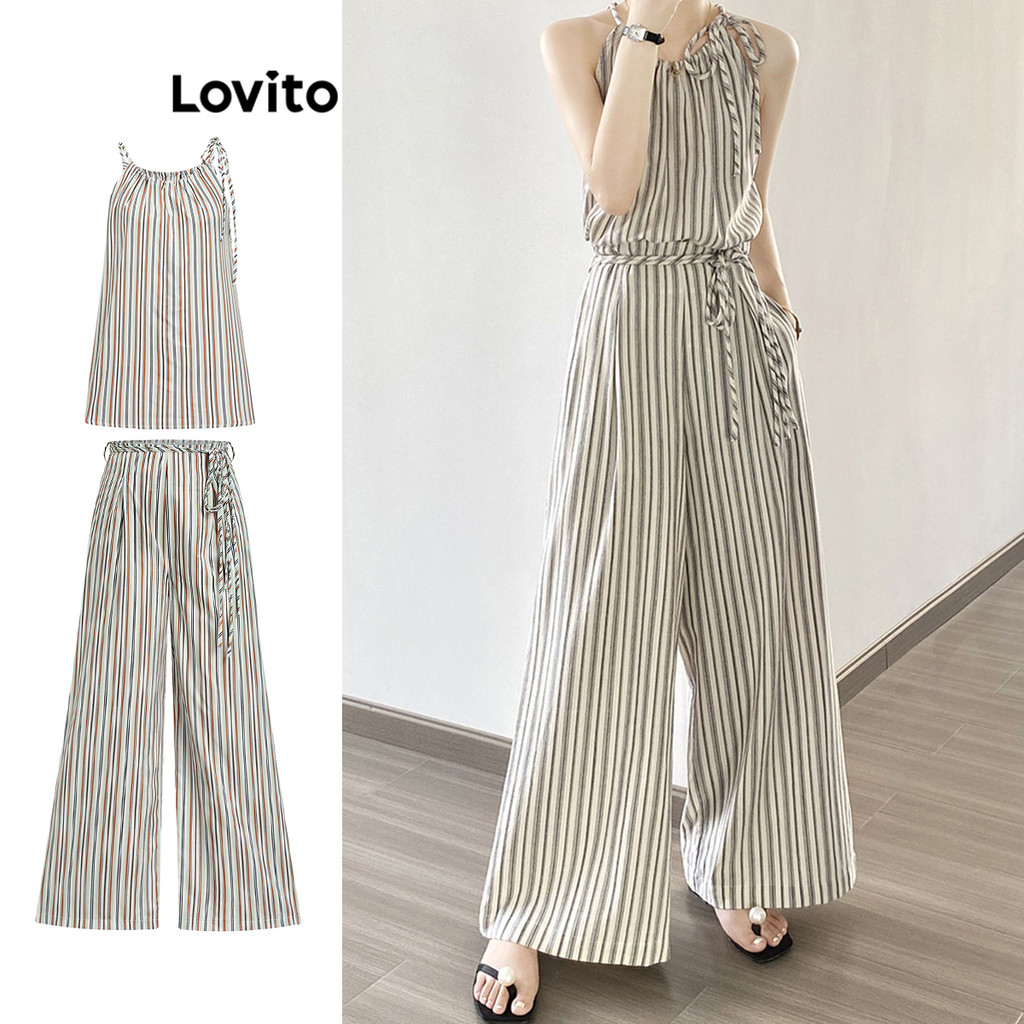 Lovito ชุดกางเกงลายทางพร้อมเข็มขัดสำหรับผู้หญิง L105MD516