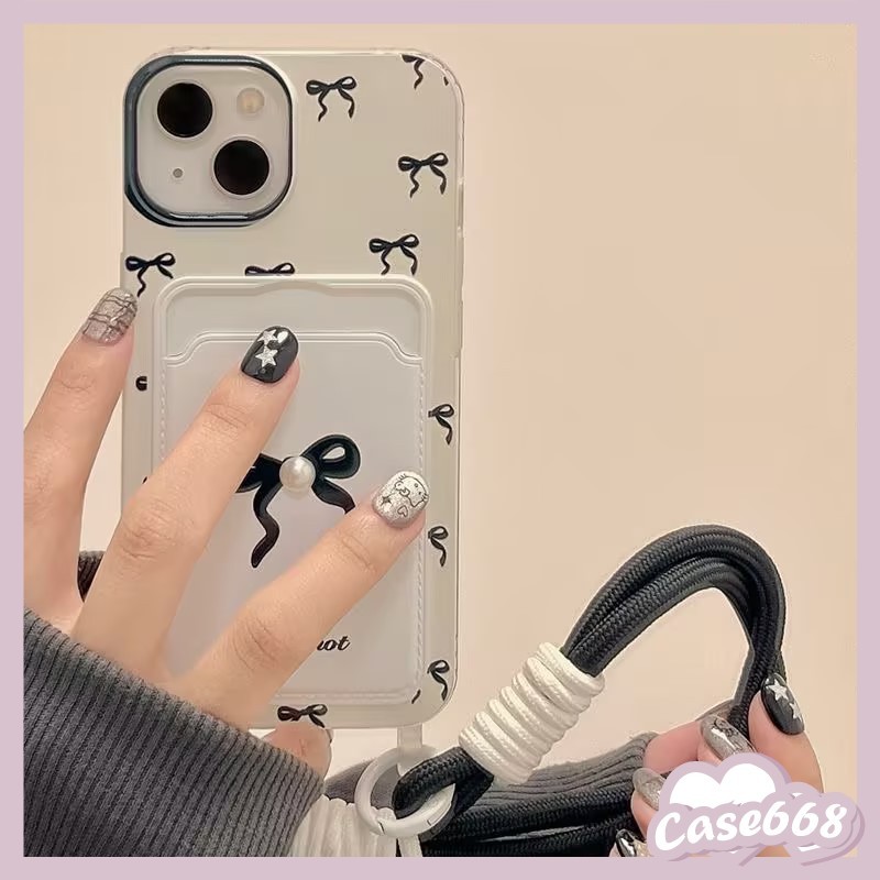 สร้อยข้อมือกระเป๋าใบพัดสีดำสดสีดำ เคสiPhone 16 13 11 15 12 14 Pro Max 7Plus XR 16 7 8 14 15 Plus 16Plus X XS Max SE 2020