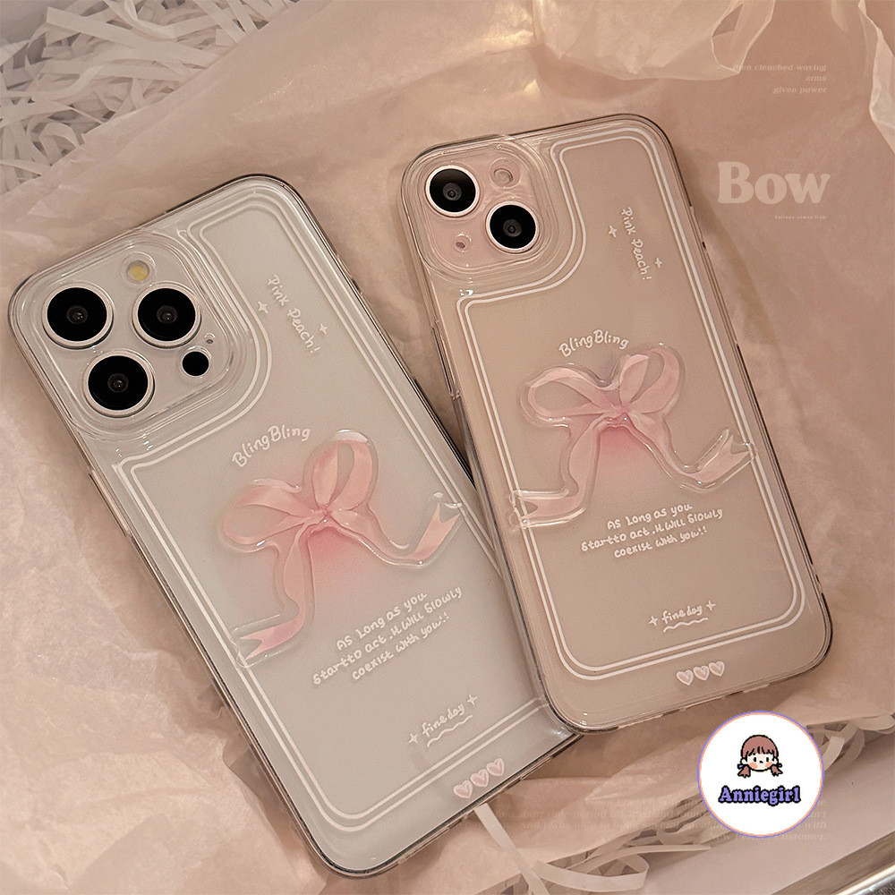 Girly 3D ริบบิ้น BowKnot โปร่งใสเคสโทรศัพท์สําหรับ IPhone 11 15 16 Pro MAX 16plus 12 13 14 Promax XS MAX XR 8 7 Plus กันกระแทกนุ่ม TPU โทรศัพท์ปกหลัง