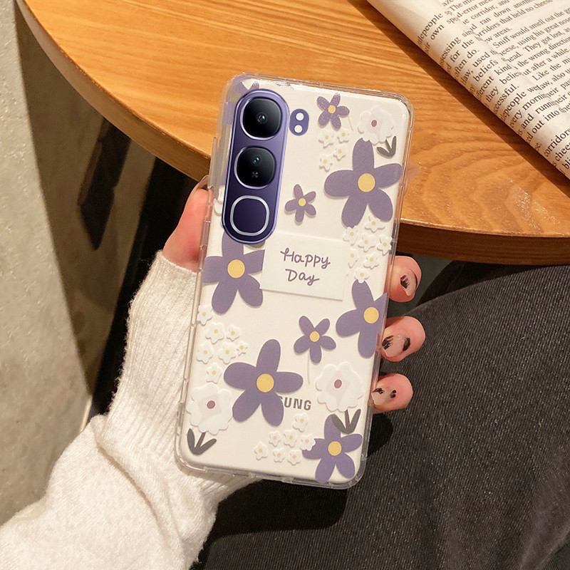 เคสสมาร์ทโฟนสําหรับ VIVO Y200 5G VIVOY200 ดอกไม้สีเขียวสีม่วงเคสโทรศัพท์น่ารักน่ารักโปร่งใส Softcase TPU ฝาหลัง