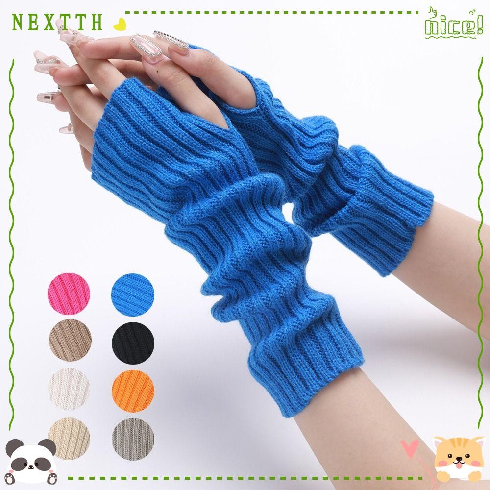 Nextth ถุงมือข้อมือยาว, ถุงมือถัก Goth Fingerless, ญี่ปุ่นสีขาวสีดํา Punk Arm Warmers อะนิเมะถุงมือเด็กผู้หญิง