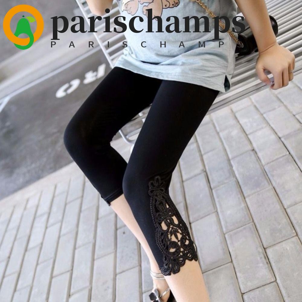 Parischamps Slim Stretch Cropped Pants, Elastic เอว Capris Skinny กางเกงลูกไม้เอวสูงกางเกงขายาว, Simple Tights สีทึบยืดหยุ่นบางลูกไม้ดอกไม้กางเกงขายาว Streetwear