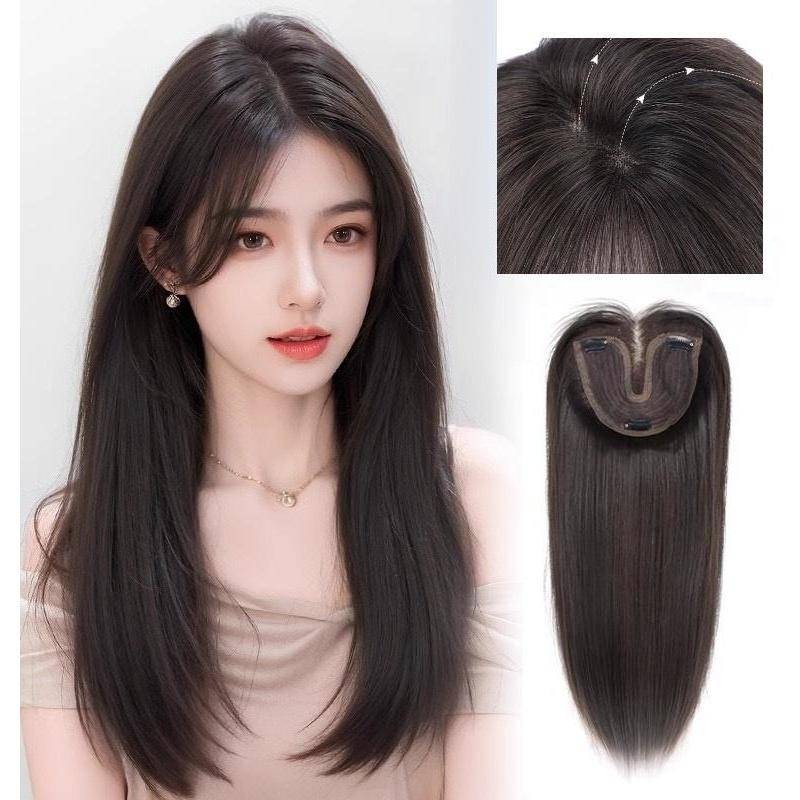 16 ซม.x16 ซม.ด้านหน้าลูกไม้ Traceless ความร้อนทนผมสังเคราะห์ Topper สําหรับผู้หญิงคลิป 50 ซม.