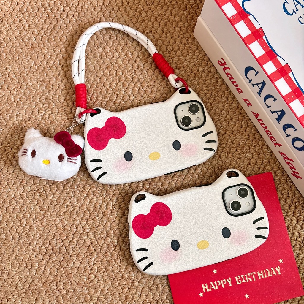 แมวสีแดง Kitty เชือกกระเป๋าถือวีเนียร์ TPU สําหรับ Apple IPhone 16 15 14 13 Pro Max เคสกันกระแทก