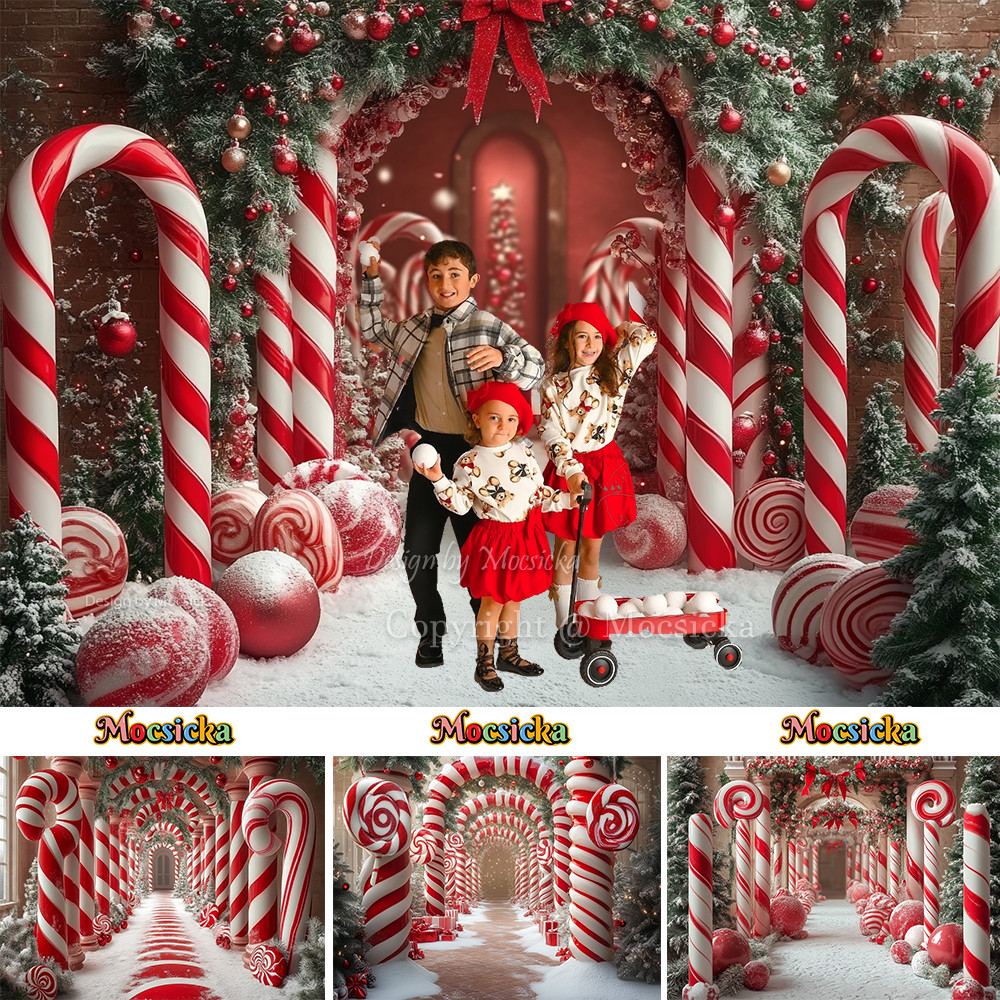 คริสต์มาส Candy Cane Arch การถ่ายภาพพื้นหลังพวงหรีดคริสต์มาส Snowy Wonderland ฉากหลังฤดูหนาวเด็กวันเกิด Photo Studio