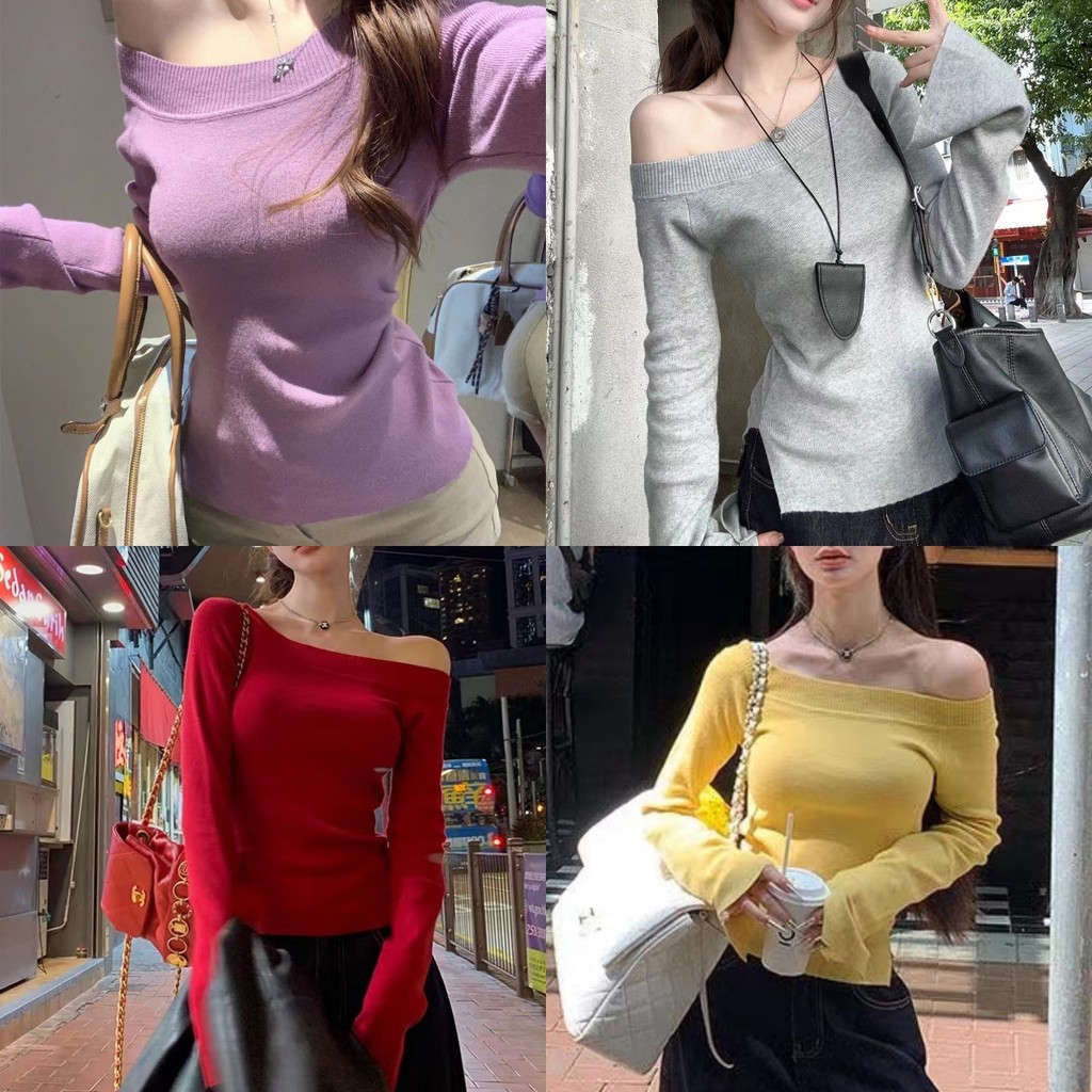 Evelyn เสื้อไหมพรมแขนยาวสไตล์เกาหลี เปิดไหล่ ผ้าร่องยืดตามตัว ใส่ง่าย สไตล์ลำลอง ส่งไวจากไทย#Z-Y76