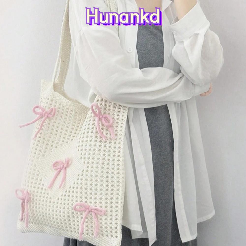 Hunan โครเชต์ Tote Bag, กระเป๋าถักตาข่ายชายหาดฤดูร้อนขนาดใหญ่, กระเป๋า Bowknot Hollow Hobo สําหรับผู้หญิง