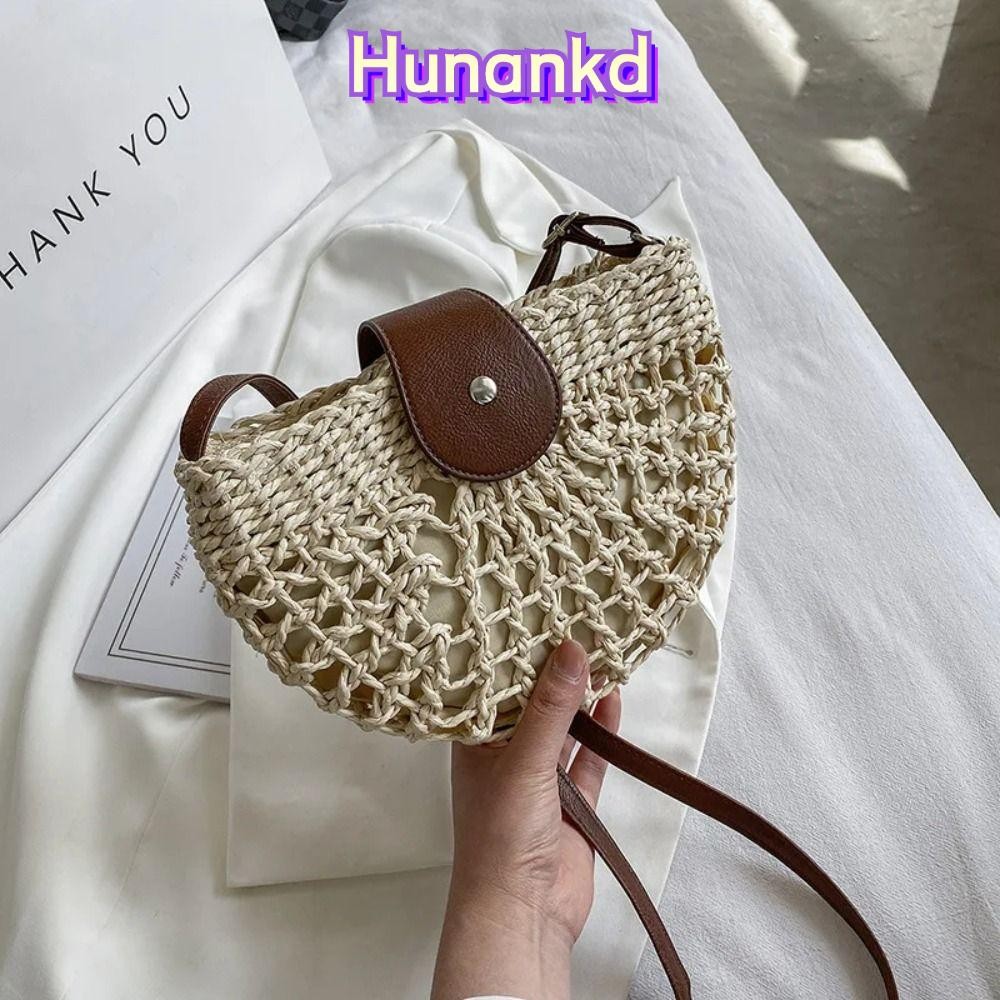 Huan กระเป๋าฟางฤดูร้อน, แฟชั่นผู้หญิงครึ่งวงกลมกระเป๋าสะพายข้าง,กระเป๋าชายหาด Tote หวาย Handmade Messenger กระเป๋าถือกระเป๋าสะพายกลวง