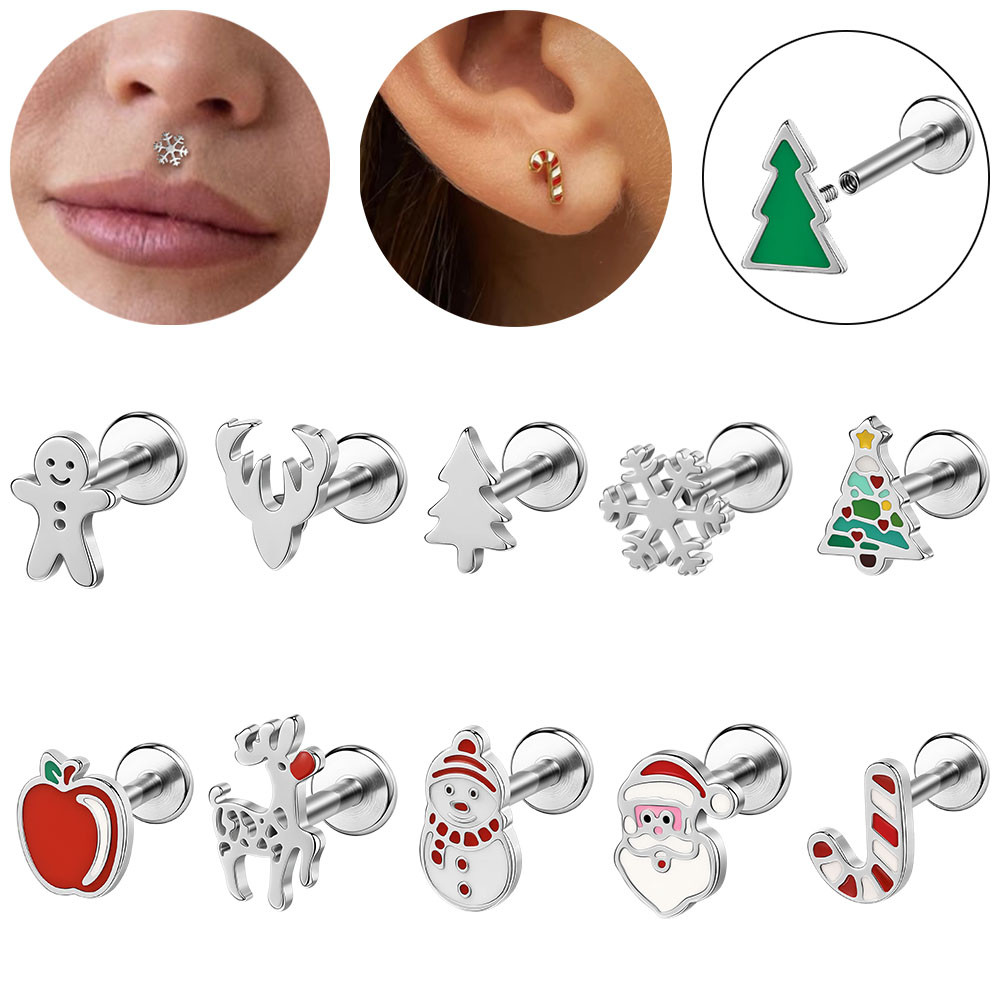 1 PC 16G คริสต์มาส Lip Labret Stud เจาะสแตนเลส Medusa Monroe เจาะ Labret Stud Snowflake Snowman Pine Helix Conch กระดูกอ่อนเจาะต่างหูเงินสีแดงสีเขียว