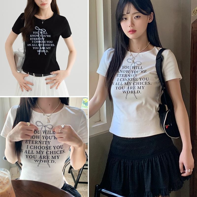 แขนสั้นพิมพ์เสื้อยืดผู้หญิงสไตล์อเมริกันสบายๆเสื้อสีขาวฤดูร้อน เสื้อยืดบางเฉียบ