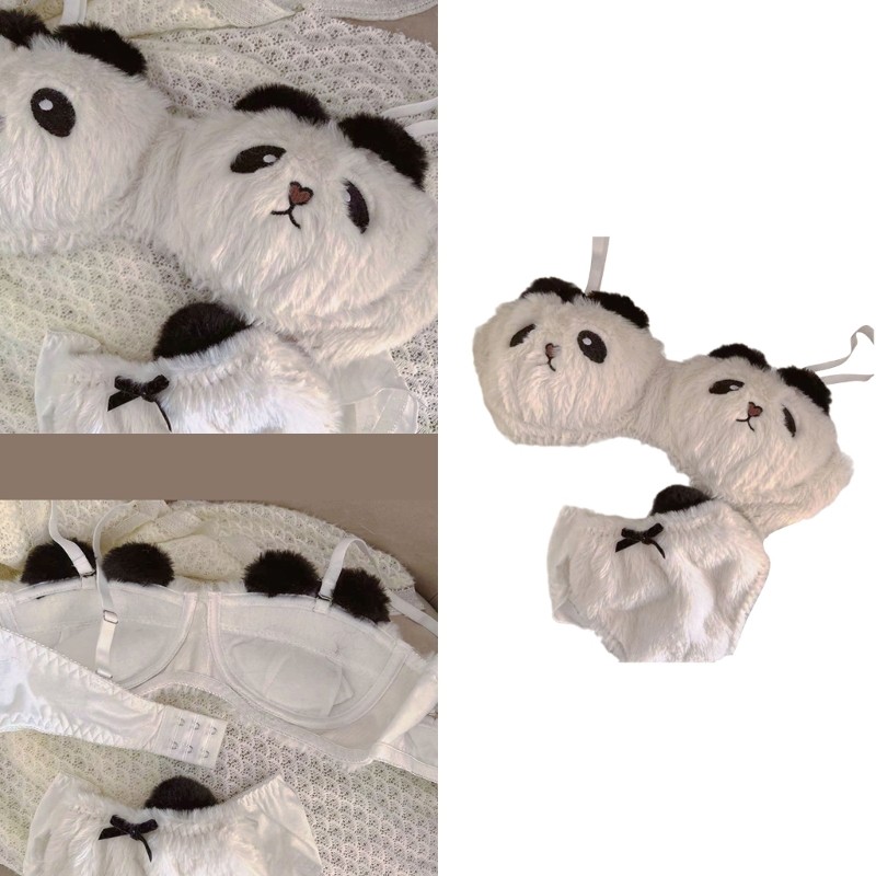 HO สตรีการ์ตูนญี่ปุ่น Panda 2 ชิ้น Plush Bra และชุดกางเกง Furry Bralette ชุดชั้นในคอสเพลย์อะนิเมะชุด