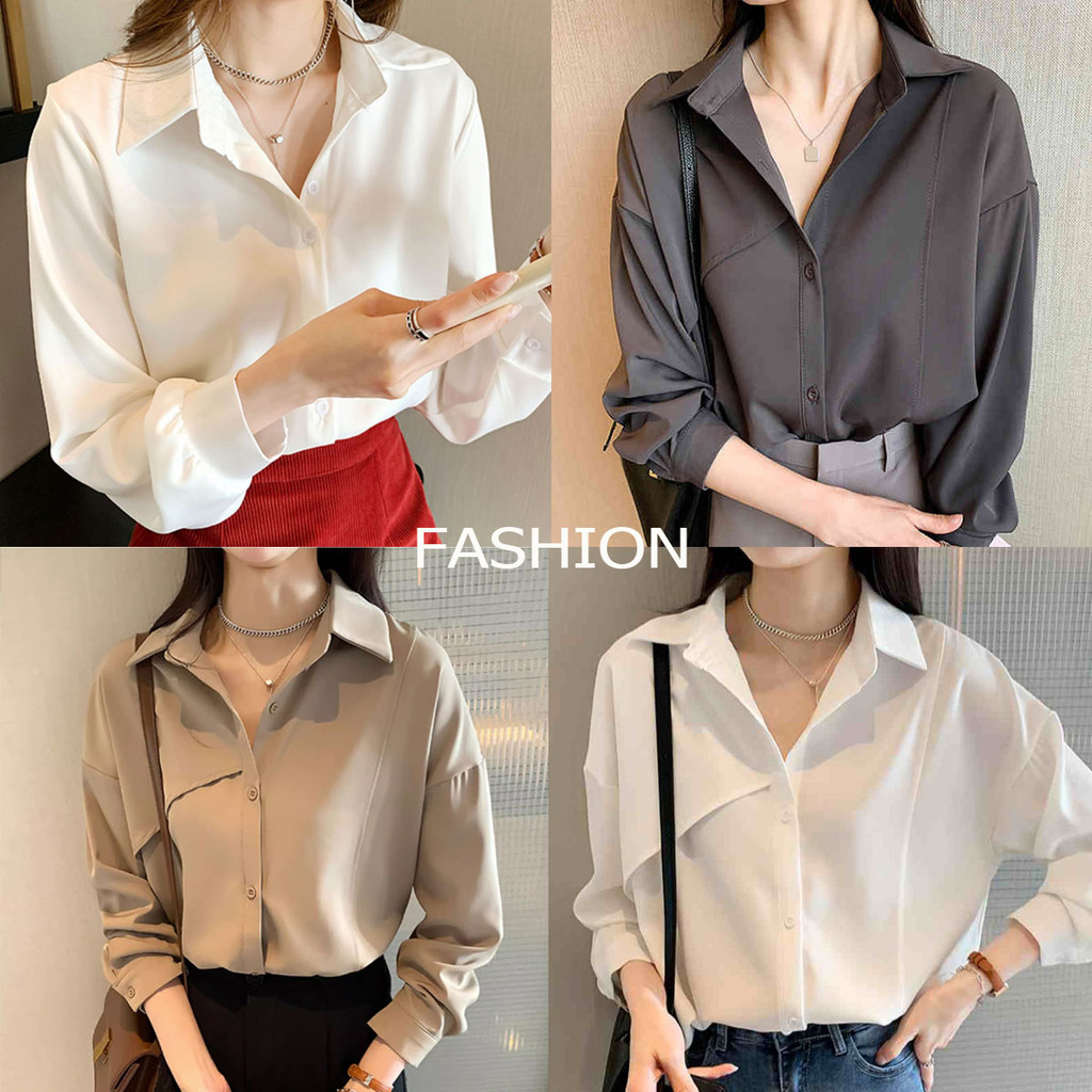 Dahong W515 เสื้อเบลาส์ผู้หญิง เสื้อเชิ้ตแขนยาวผู้หญิง สไตล์เกาหลี คอปกโปโล ใส่ทํางาน สํานักงาน สําหรับผู้หญิง สีพื้น