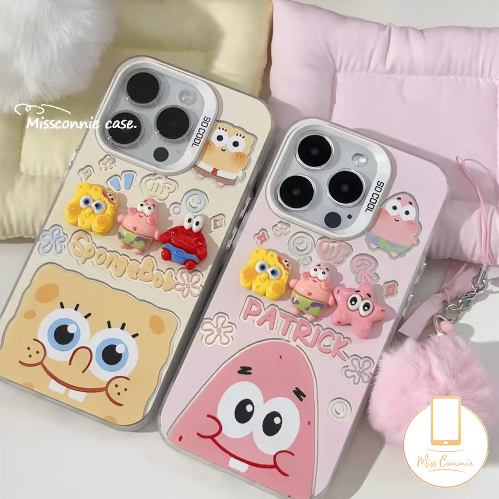หรูหราชุบโลหะเลนส์สําหรับiphone 15 13 16 11 14 12 Pro Max X XR 7Plus 15 14 7 8 16 Plus XS Max SE 2020 3Dตุ๊กตาฟองน้ําBob Patrick Starกันกระแทก