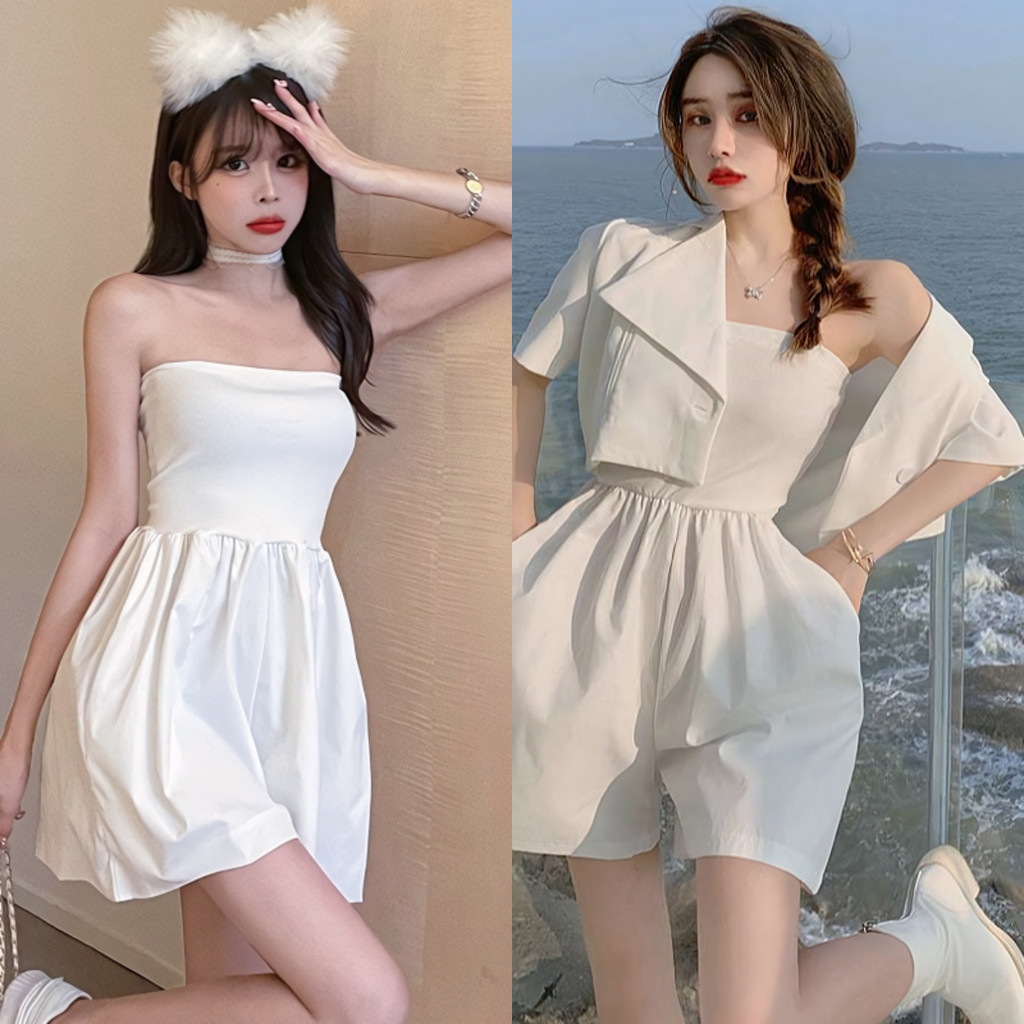 KaeKai พร้อมส่ง จั้มเกาะอก กางเกงขาสั้น มีเสื้อคลุม ผ้าเรย่อน ใส่สบาย ใส่ไปคาเฟ่ สไตล์เกาหลี