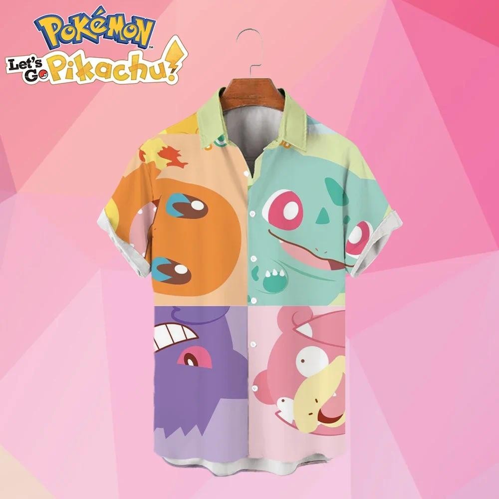 เสื้อเชิ้ตผู้ชาย Pokémon Pikachu HD พิมพ์ฤดูร้อนการ์ตูน Streetwear เสื้อฮาวายน่ารัก 2023 อะนิเมะ Har