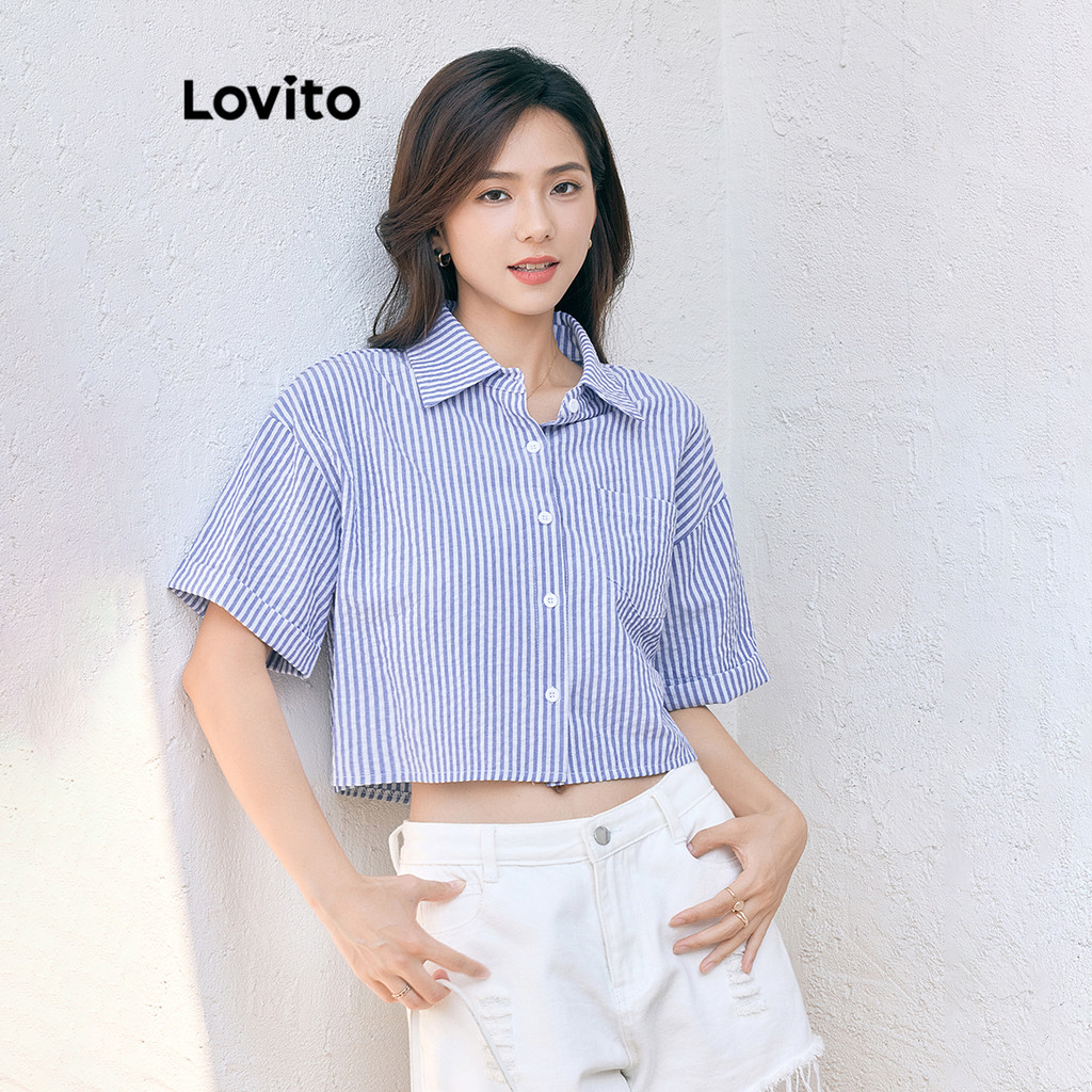 Lovito เสื้อเบลาส์กระดุมหน้าลายทางลำลองสำหรับผู้หญิง L95ED936