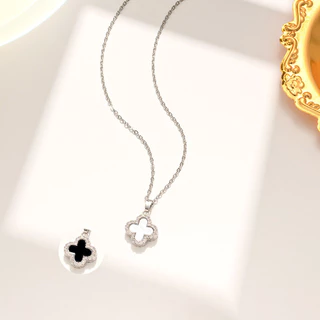 ยอดนิยมขายร้อน Four-leaf Clover สร้อยคอจี้เหล็กไทเทเนียมเพชรสองด้าน Influencer Design Clavicle Chain สร้อยคอทอง 18k