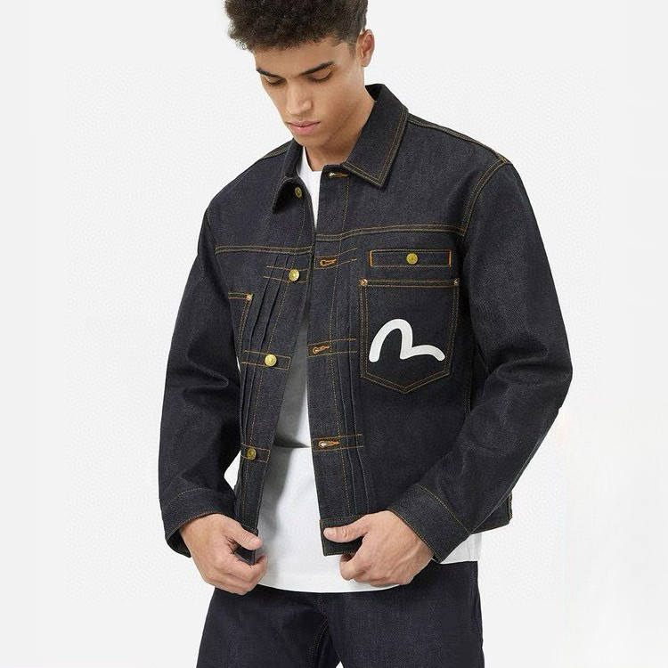 EVISU ผู้ชายนกนางนวลปกเสื้อแจ็คเก็ตยีนส์หลวม