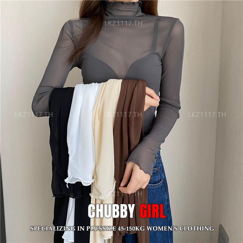 Plus size เสื้อผ้าสาวอวบ เสื้อยืดสาวอวบอ้วน ไซส์ใหญ่ ผู้หญิง ทรงสลิมฟิต แขนยาว คอเต่า ผ้าตาข่าย ซีทรู แบบบาง ฤดูร้อน สไตล์เกาหลีแฟชั่น