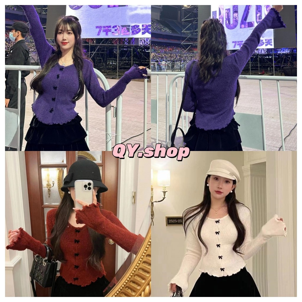 QY.Shop เสื้อไหมพรมแขนยาวคาวาอี้ คอกลมแขนยาว ยืดกำลังดีกระดุมโบว์"X-H12"