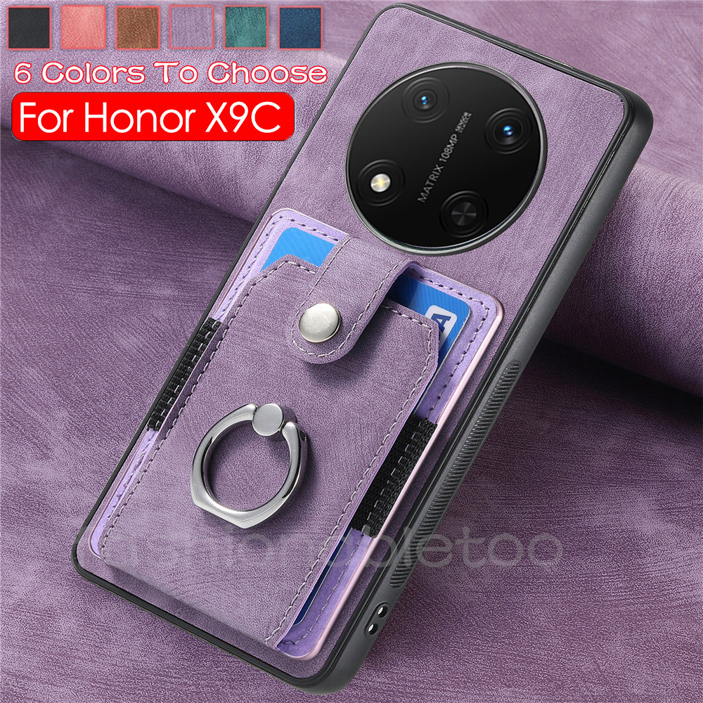 Matte หนังเคสโทรศัพท์สําหรับ Honor X9C สมาร์ท X9B X9A X8B X8A X7C X7B X6B X 9C X 7C HonorX9C HonorX7C ช่องใส่การ์ดกระเป๋าสตางค์กันกระแทกแม่เหล็กด้านหลังแหวนยึดรถกันกระแทก