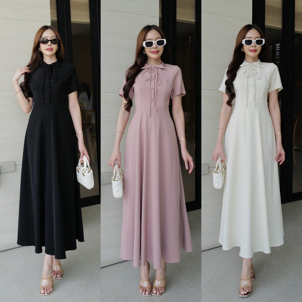 #4505 HILOOK เดรสลูกคุณแขนสั้นคอกลมแต่งปก แต่งกระดุมหน้า มีชิป ช่วงกระโปรงจับจีบ