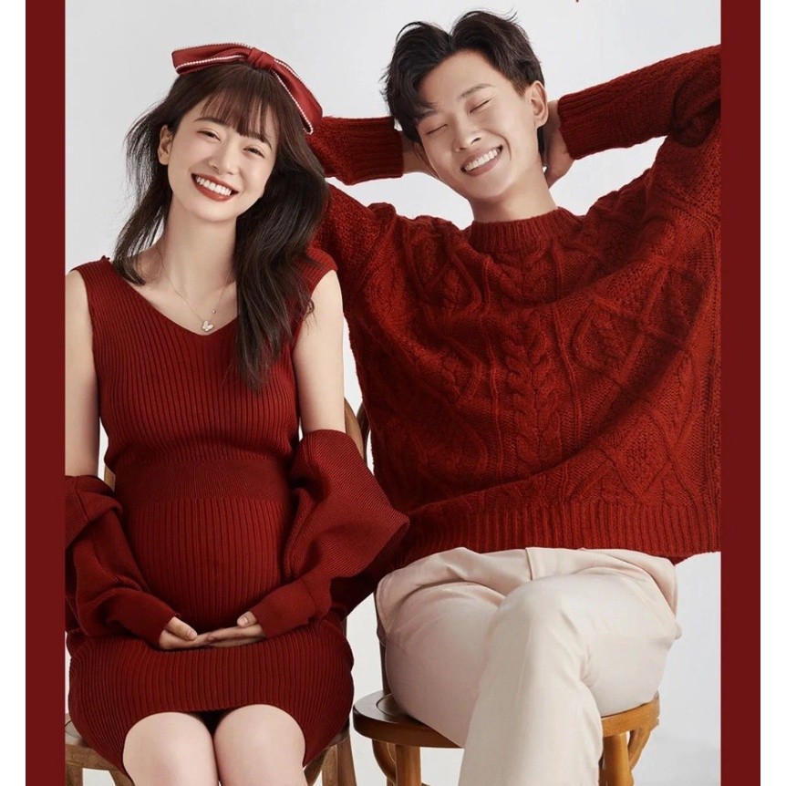 ZST คู่ภาพชุดคลุมท้องสําหรับถ่ายภาพถักผ้าฝ้ายตั้งครรภ์ชุดสีแดงปีใหม่ของผู้หญิงตั้งครรภ์เสื้อผ้ากับเส