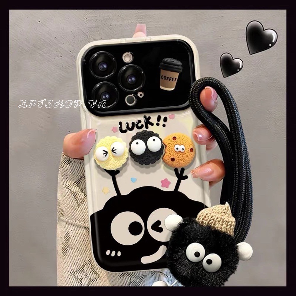น่ารักลูกถ่านหินตุ๊กตา + จี้พลิกกระจกยึดเคสโทรศัพท์สําหรับ ไอโฟน 16 มือโปร สูงสุด 16 บวก 15 มือโปร สูงสุด 14 13 12 11โปรแม็กซ์ กันกระแทกป้องกันปลอก