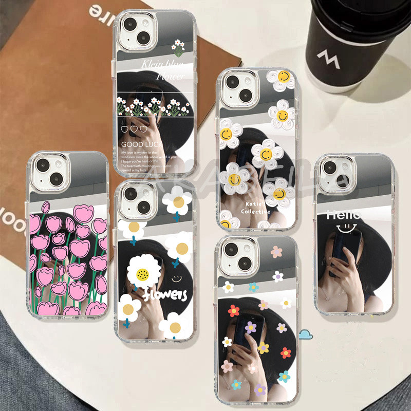 ดอกไม้ INS เคสกระจกแต่งหน้า for IPhone 11 15 Pro Max 12 14 13 16 Pro Max เคสไอโฟน 13 เหมือนกระจก