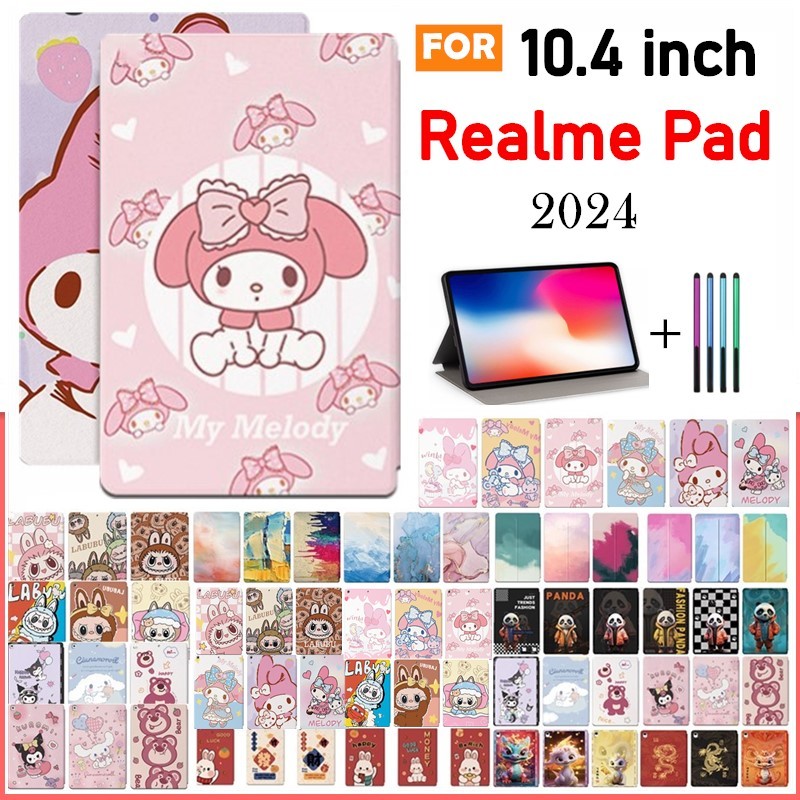 น่ารักการ์ตูน LABUBU สีชมพู Melody สําหรับ Realme Pad 10.4 นิ้ว 2022 เด็กสมาร์ทขาตั้ง Mokoko Kuromi สตรอเบอร์รี่หมี ZIMOMO หนังกันกระแทกฝาครอบ