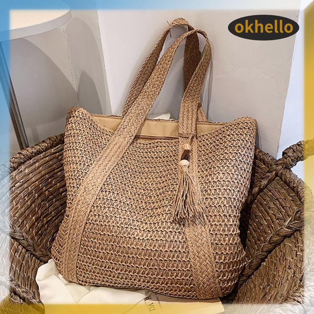 [Okhello.th] กระเป๋าสะพายไหล่ผู้หญิงแฟชั่นกระเป๋าถือทอมือความจุขนาดใหญ่พร้อมจี้พู่