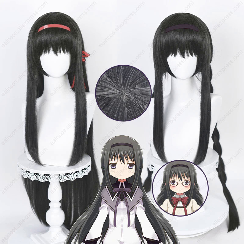 Homura Akemi Cosplay Wig 90cm Long Dark Grey Straight/Baids Wigs Heat Resistant Synthetic Hair Hallo