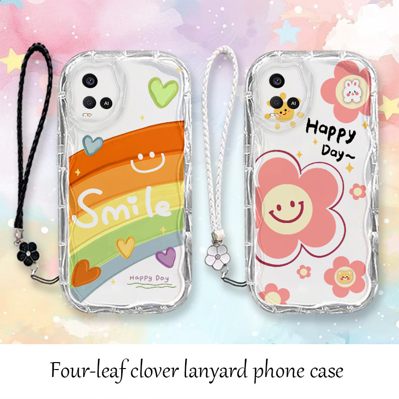 สี่มุมหนากรณีสําหรับ Vivo Y21 Y21S Y21T เคสโทรศัพท์กันกระแทกและกันน้ํากาแฟแมวรูปแบบดวงอาทิตย์ดอกไม้สายรุ้ง AMSX5