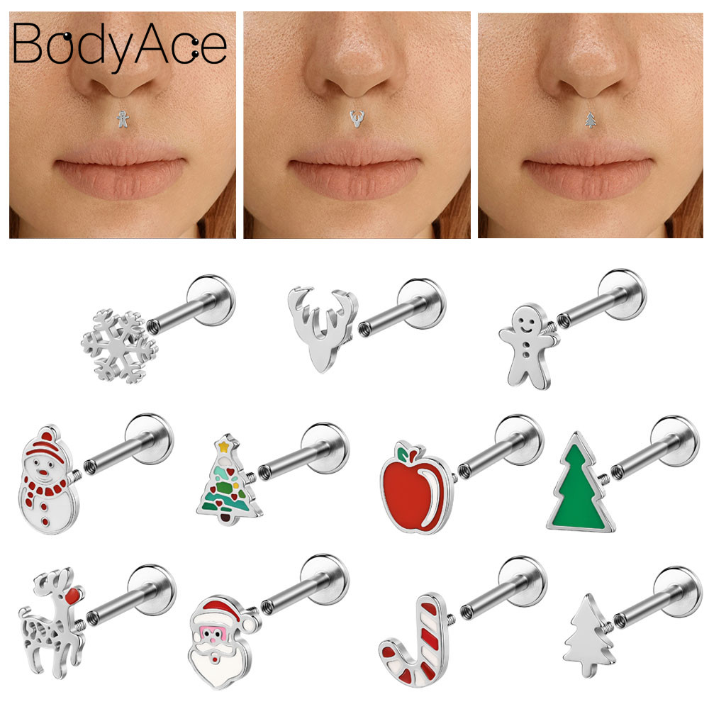 Bodyace 1 Pc สแตนเลสสตีล Lip Stud คริสต์มาส Labret Stud 16G Lip Piercing Snowman Labret เจาะของขวัญ Body Piercing