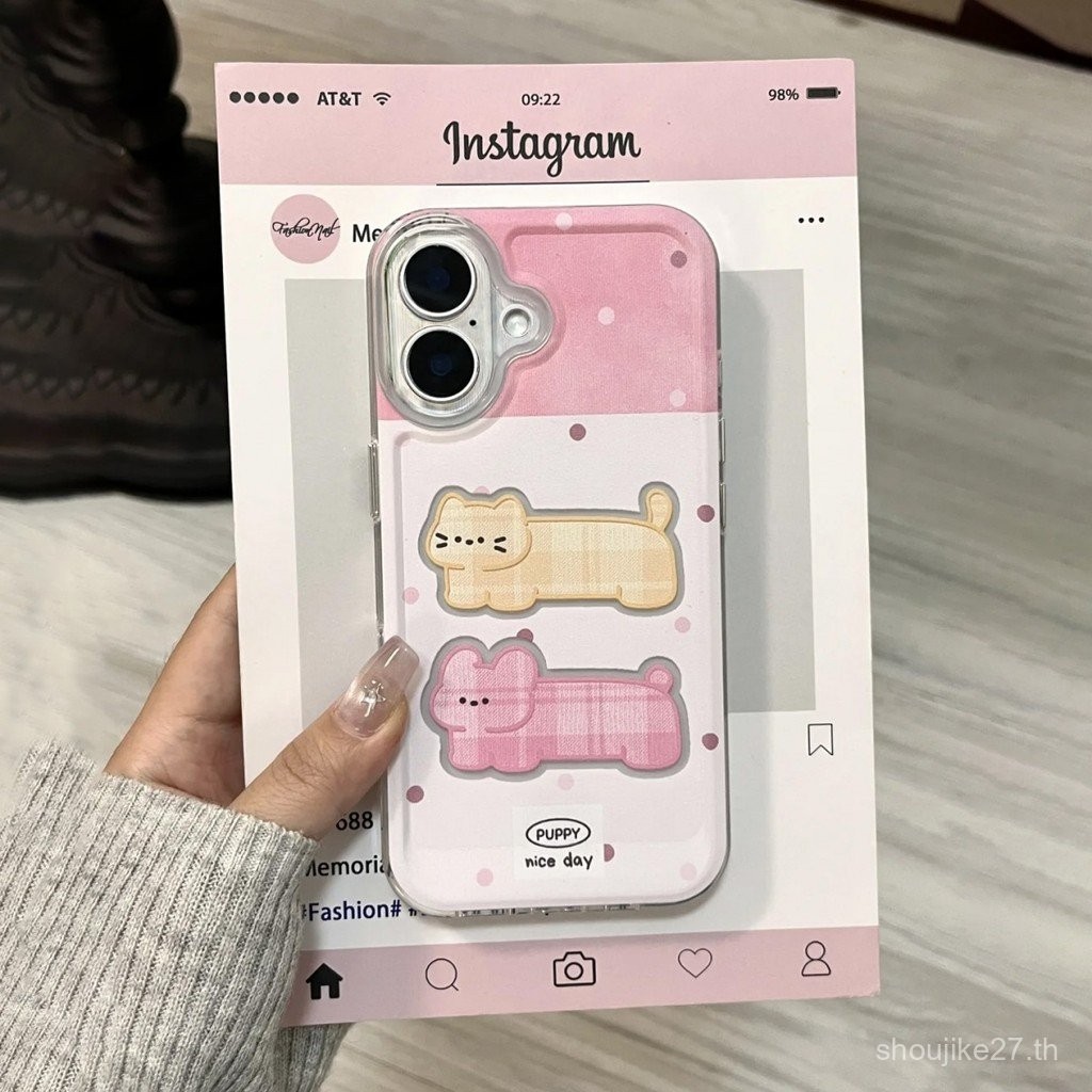 เคสลายแมวสองตัวสีชมพูสวยเคสโทรศัพท์มือถือ iphone16/15/14Pro สำหรับแอปเปิ้ล13/12/11โปร่งใส XS la5s