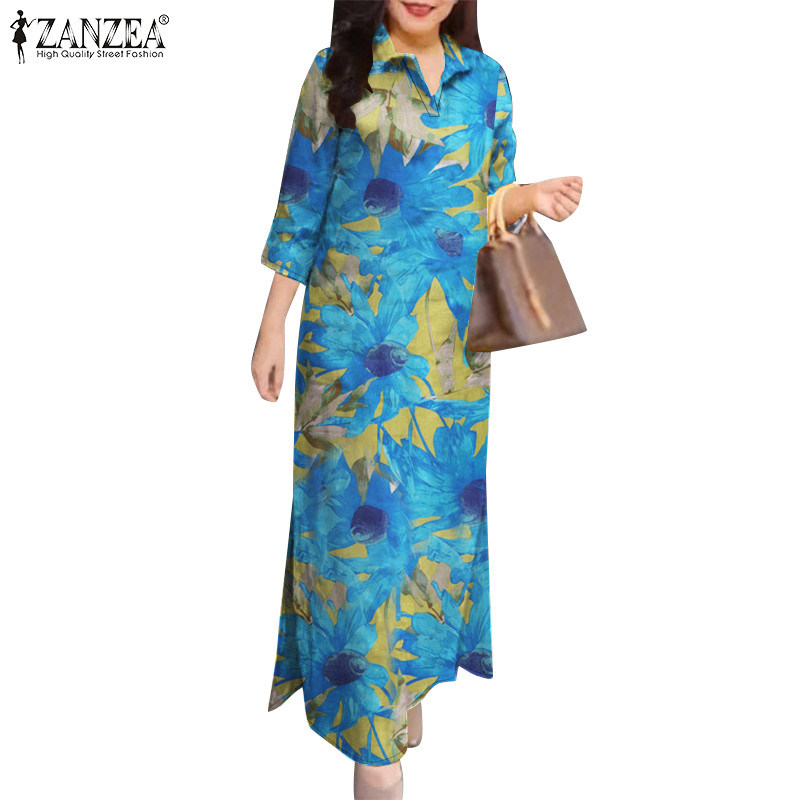 ZANZEA ใส่ ซานเซีย ผู้หญิงวินเทจปก3/4แขนดอกไม้พิมพ์ชุดยาวเสื้อ