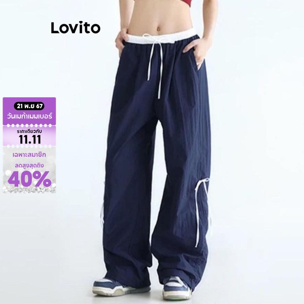 Lovito กางเกงผู้หญิง แต่งโบว์ สีพื้น สไตล์ลำลอง LNA67025