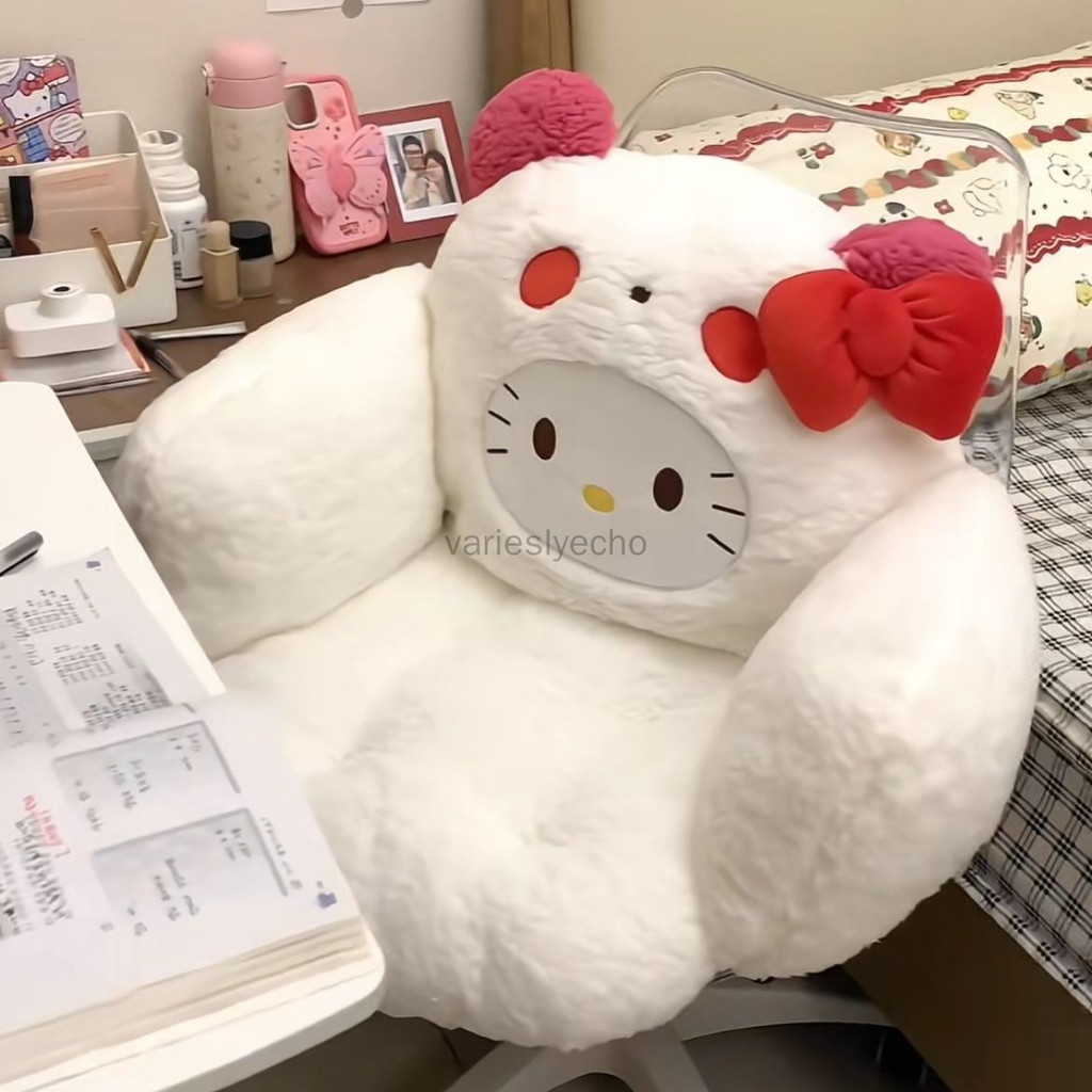 Hello Kitty เบาะรองนั่งเก้าอี้น่ารักพร้อมพนักพิงลื่น, เบาะรองนั่ง Comfy สําหรับสํานักงาน, Kawaii เบาะเก้าอี้ตกแต่งห้องนอน