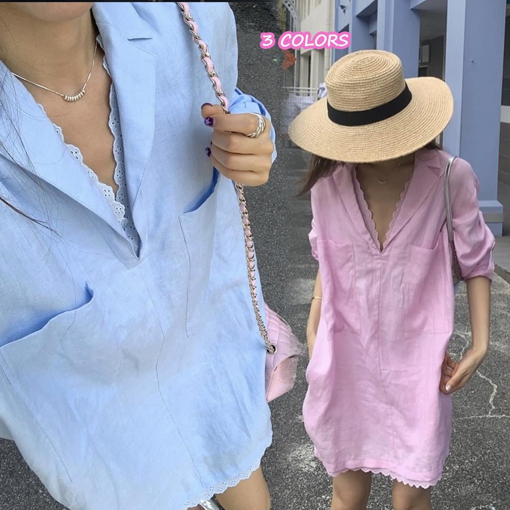 mimi&didi#เสื้อเชิ้ตยาวปานกลางคอวีขนาดใหญ่ประดับด้วยลูกไม้ แขนยาว สีชมพู แฟชั่น เสื้อเชิ้ตที่หรูหราและเป็นผู้หญิง#W520