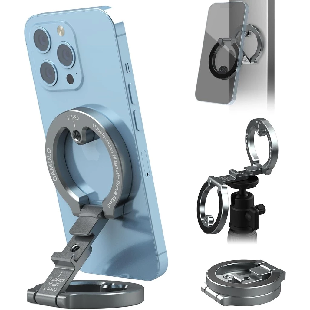 Camolo ที่วางโทรศัพท์แม่เหล็กคู่เข้ากันได้กับรองเท้าเย็นสกรู 1/4 "สําหรับ Magsafe ขาตั้งกล้องเมาท์ไฟเซลฟี่