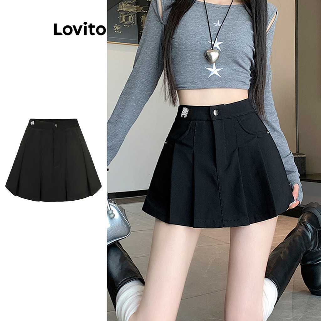Lovito กระโปรงพลีทลําลอง ปักลาย สําหรับผู้หญิง LBA79039