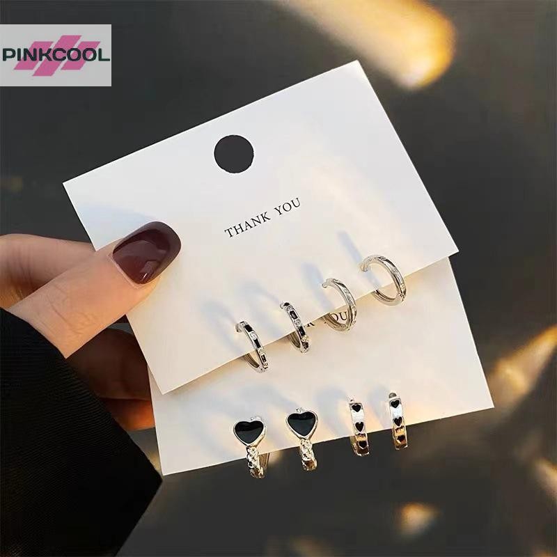 Pinkcool 4 ชิ้นต่างหูห่วงคริสตัลสแตนเลส Cool สวมใส่ทุกวันอุปกรณ์เครื่องประดับ HOT