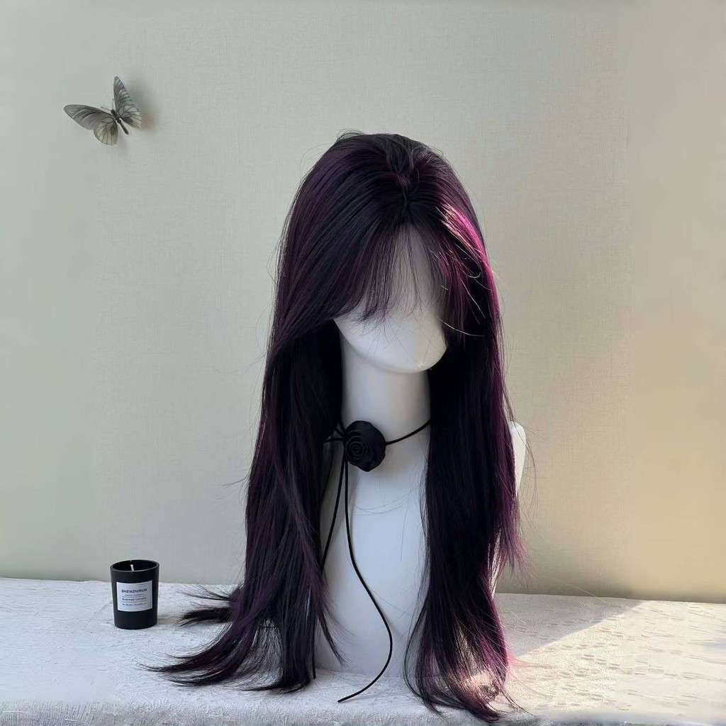 [หนุ่มกําลังใจ] 391 นางฟ้าผมยาวสีดําสีม่วงกลางแปดตัวอักษรหน้าม้าไวท์เทนนิ่งระดับสูงจําลองวิกผมเต็มหัวธรรมชาติ