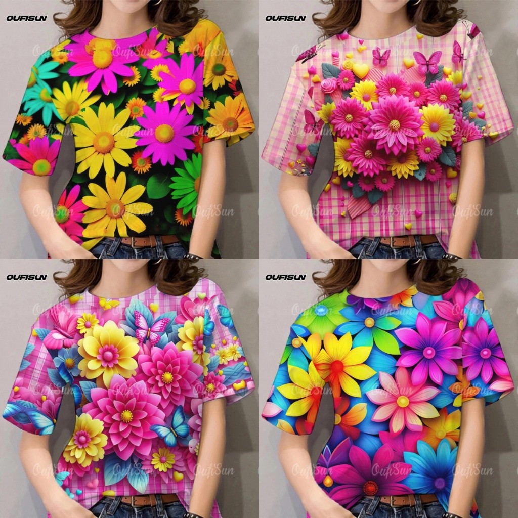เสื้อยืดโอเวอร์ไซส์พิมพ์ลายดอกไม้ฮาวายสําหรับผู้หญิง-แฟชั่นขนาดใหญ่หลวมแขนสั้นที