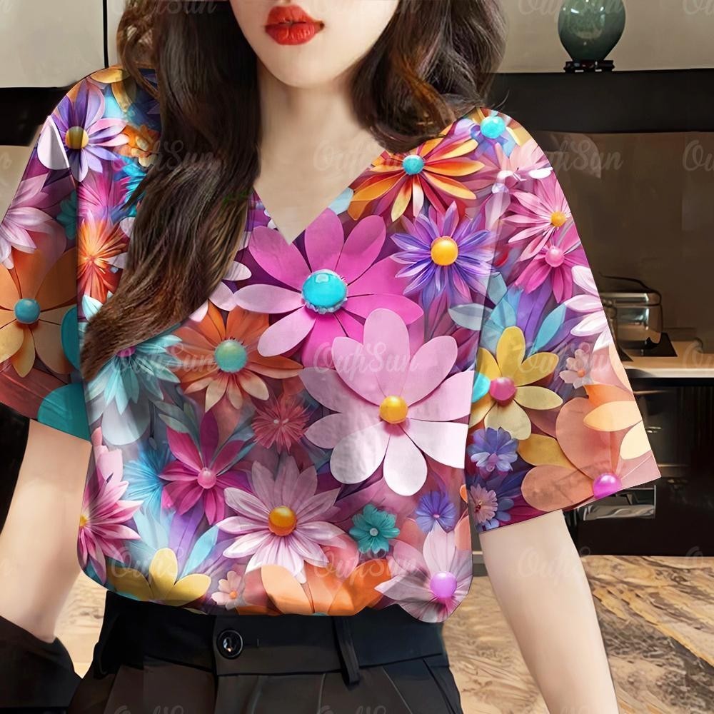 นุ่ม สบาย ไทยลายดอกไม้เสื้อยืดสําหรับผู้หญิงแขนสั้นคอวียืดด้านบนสีสดใสผ้าสด