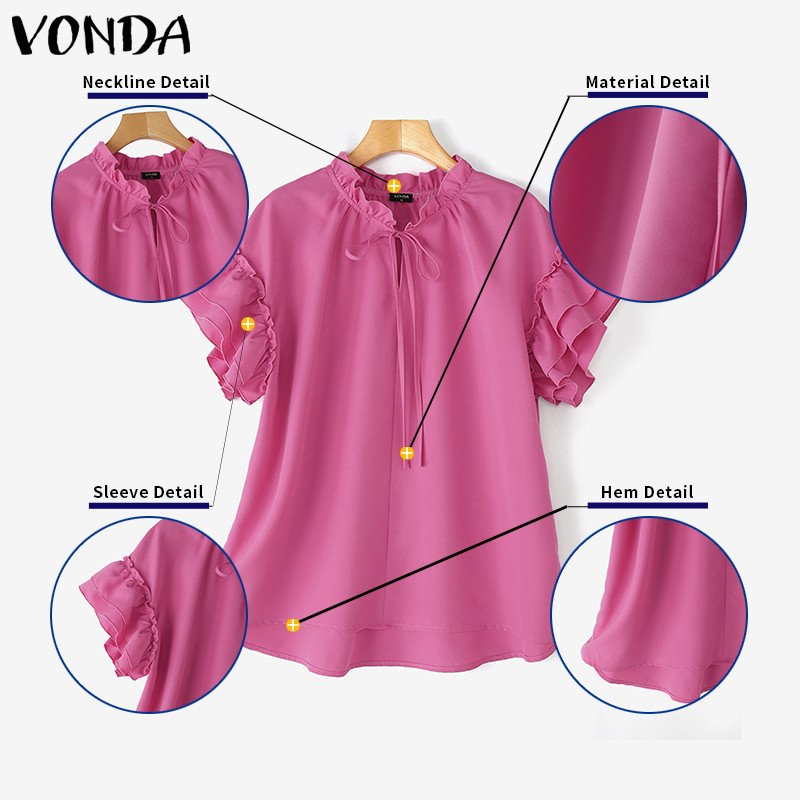 Vonda ผู้หญิงเกาหลีลําลองรอบคอ Ruffle แขนสั้น Lace Up Blouse — صورة 7