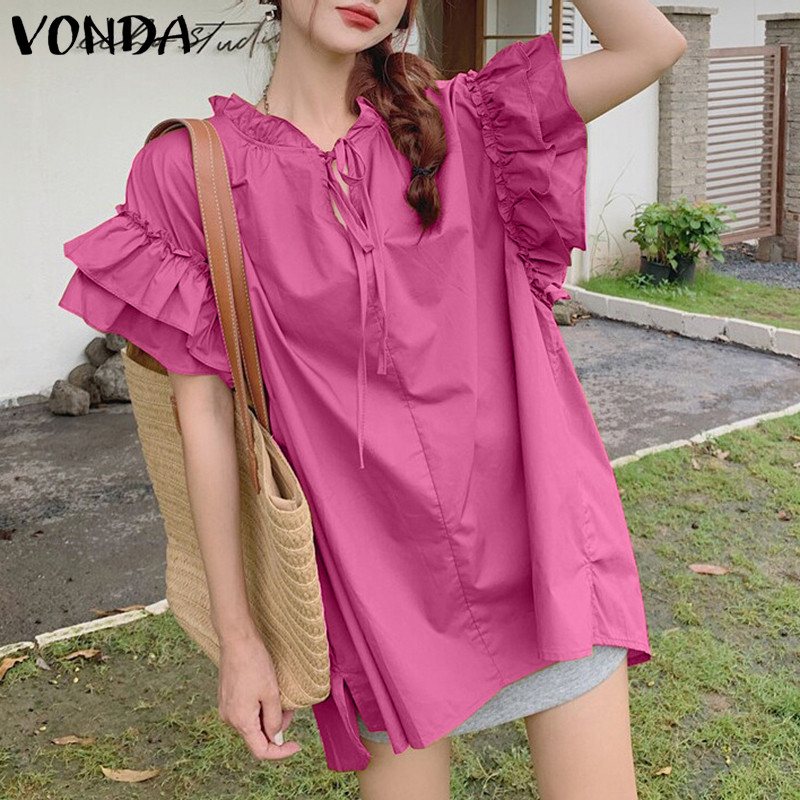 Vonda ผู้หญิงเกาหลีลําลองรอบคอ Ruffle แขนสั้น Lace Up Blouse — صورة 5