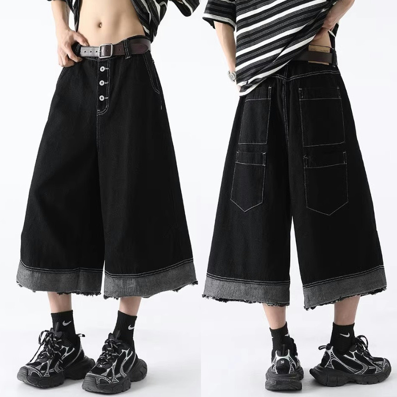 Pannofluxus กางเกงยีนส์ขาสั้นผู้ชาย American high street คุณภาพสูงสไตล์เป็นกลางสไตล์กลิ่นอายดีไซน์ขอบดิบ